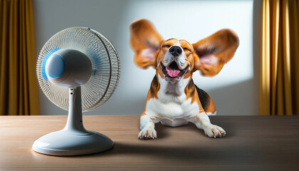 Happy dog enjoying breeze from a table fan.