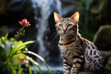 Fototapeta premium Medium shot portrait photography of a smiling ocicat batting objects on majestic waterfall