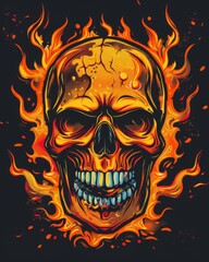 A skull engulfed in fiery flames against an inferno-like backdrop