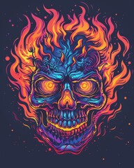 A skull adorned with vibrant flames against a black background for t-shirt graphic design