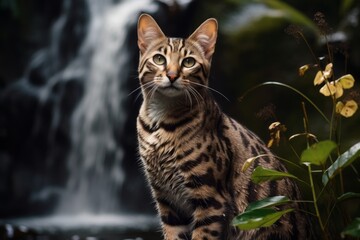 Fototapeta premium Medium shot portrait photography of a smiling ocicat batting objects isolated on majestic waterfall