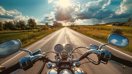 riding a motorcycle on the road. riding a motorcycle on a tour and enjoying the empty roads. copyspace that is specific to your text.
