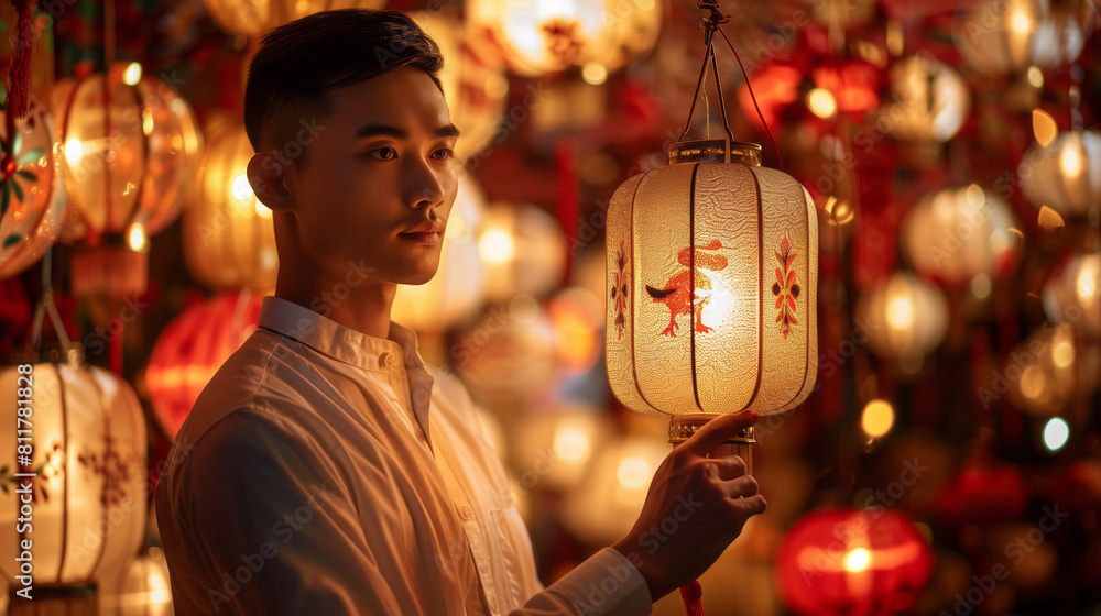 Wall mural A young man holding a traditional lantern during a cultural festival