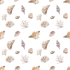 Vector seamless pattern design with watercolour shells. Pattern design for napkins, fabric, wrapping paper