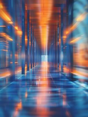 abstract blur modern interior inside entrance building of office in blue background with orange light effect concept, Very elegant and abstract