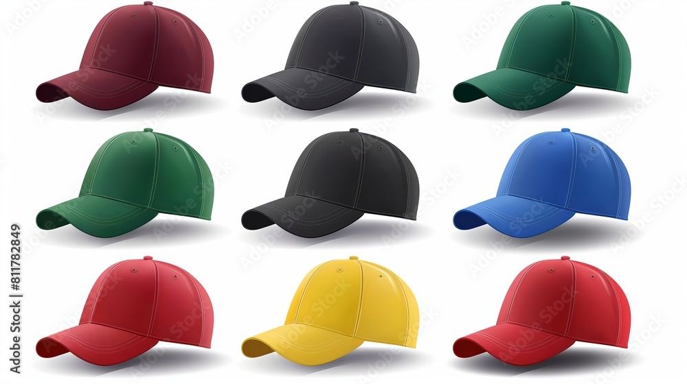 Wall mural A realistic colorful mockup set of black and green, red and yellow, and blue snapback sport hats, seen from both the front and side views. Vector illustration that is isolated. solitary on white