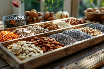 A wooden tray filled with vibrant piles of almonds, walnuts, pumpkin seeds, and chia seeds basks in soft sunlight in rustic kitchen setting