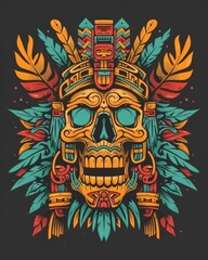 Colorful skull with tribal totems and feathers on head, isolated on black background