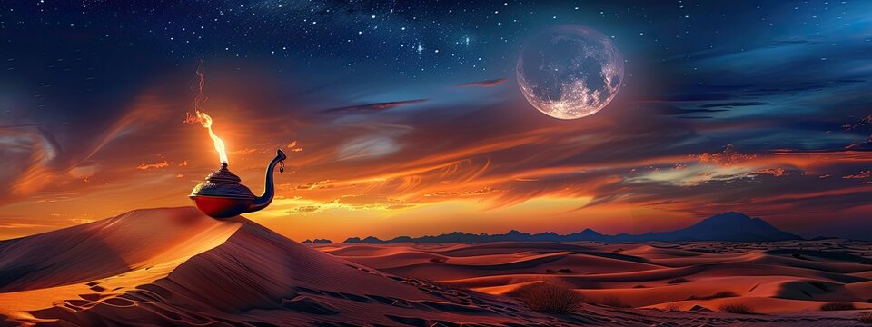 Aladdin's lamp in the desert. Generative AI