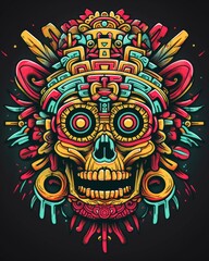 Fototapeta premium Vibrant skull design with tribal totems & ancient symbols, perfect for tshirt graphics