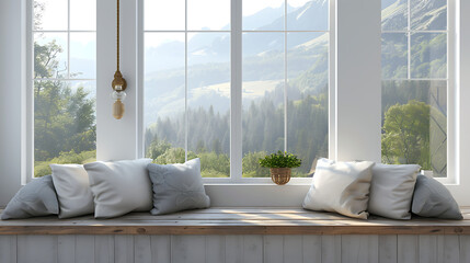 Cozy side window seat decorated with many pillows in a white room 