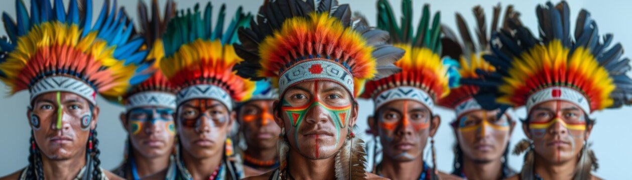 A group of men wearing colorful headdresses and face paint
