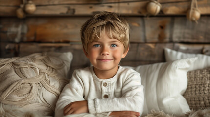 Fototapeta premium A smiling young boy in a cozy indoor setting.