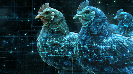 Obraz premium Digital chickens in a matrix-like data stream.