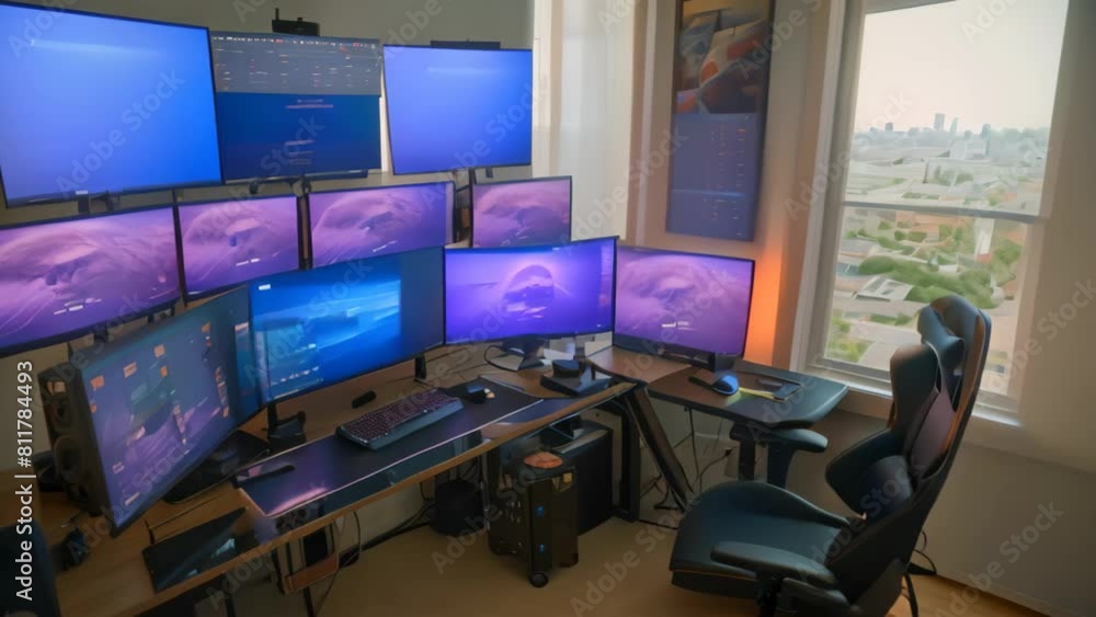 Poster a computer desk with multiple monitors and a keyboard setup for efficient and productive work, a mul