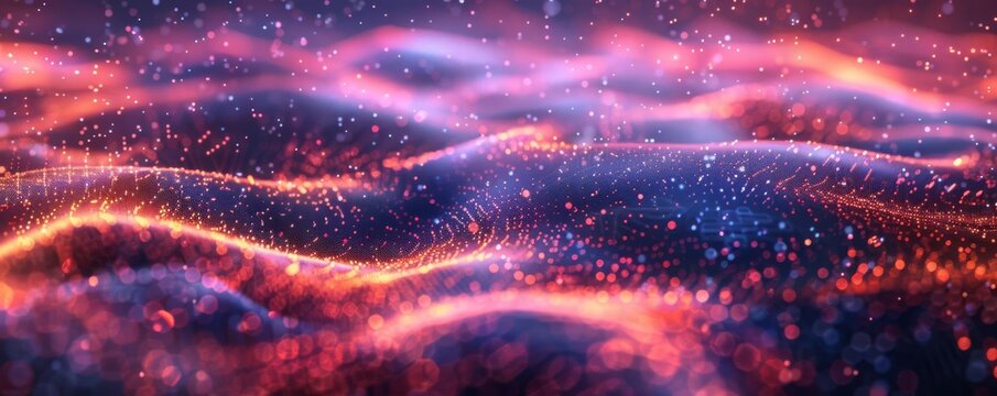 Digital abstract background of AI algorithms at work, illustrated by a dynamic flow of digital particles and light