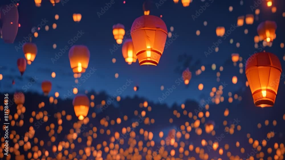 Poster spectacular display of floating lanterns illuminating the sky, a multitude of paper lanterns release