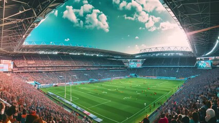 A Massive Stadium Teeming With a Multitude of Spectators, A panoramic view of a crowded rugby stadium during a championship game - Powered by Adobe