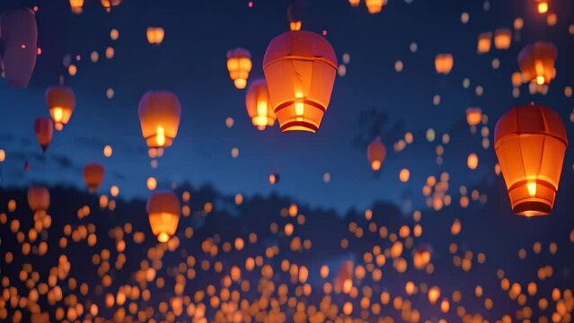 Spectacular Display of Floating Lanterns Illuminating the Sky, A multitude of paper lanterns released into the night sky in remembrance on Memorial Day