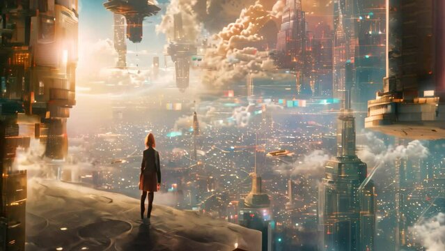 A person stands on a ledge, gazing at the city below, capturing the urban landscape from a higher perspective, A parallel universe featuring a twisted version of a familiar earth city