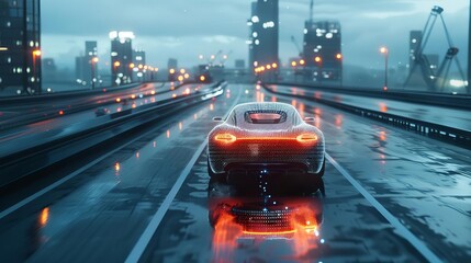Autonomous SelfDriving 3D Car Moving Through City Highway VFX Visualization Concept Software Sensor Scanning Road Ahead for Vehicles, Danger, Speed Limits Day Urban Driveway Front