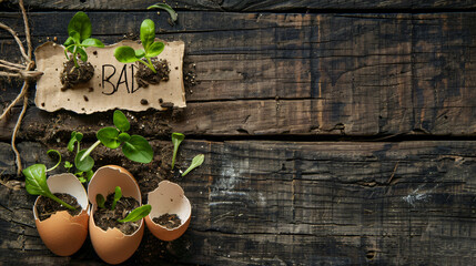 Tag with word SEED and young plants in eggshells