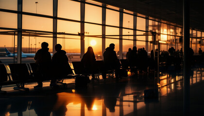 silhouette of passengers waiting in front of a large window at an airport

