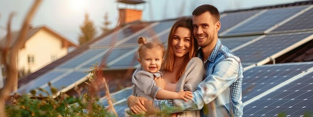 Happy couple standing near a house with solar panels. Alternative energy