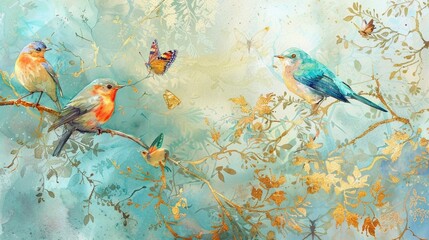 colorful birds and butterflies in a forest of light turquoise and gold, watercolor painting