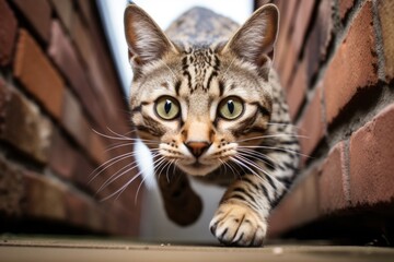 Obraz premium Close-up portrait photography of a curious savannah cat hopping over classic brick wall