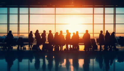 silhouette of passengers waiting in front of a large window at an airport
