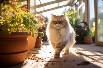 Environmental portrait photography of a funny persian cat exploring isolated on sunlit patio