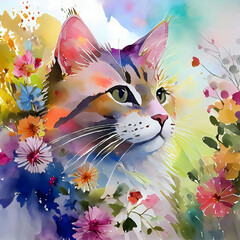 cat and flowers pattern watercolor painting ai generative 