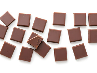 Chocolate squares on white backdrop from above.