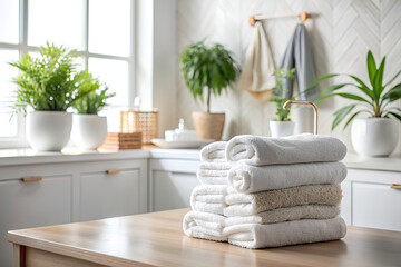 Spa towel stack on white table on bathroom interior background