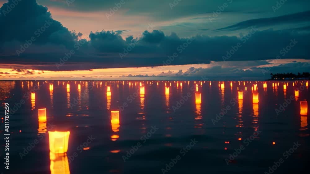 Poster a number of lanterns are seen floating on the water, creating a beautiful and mesmerizing display, a