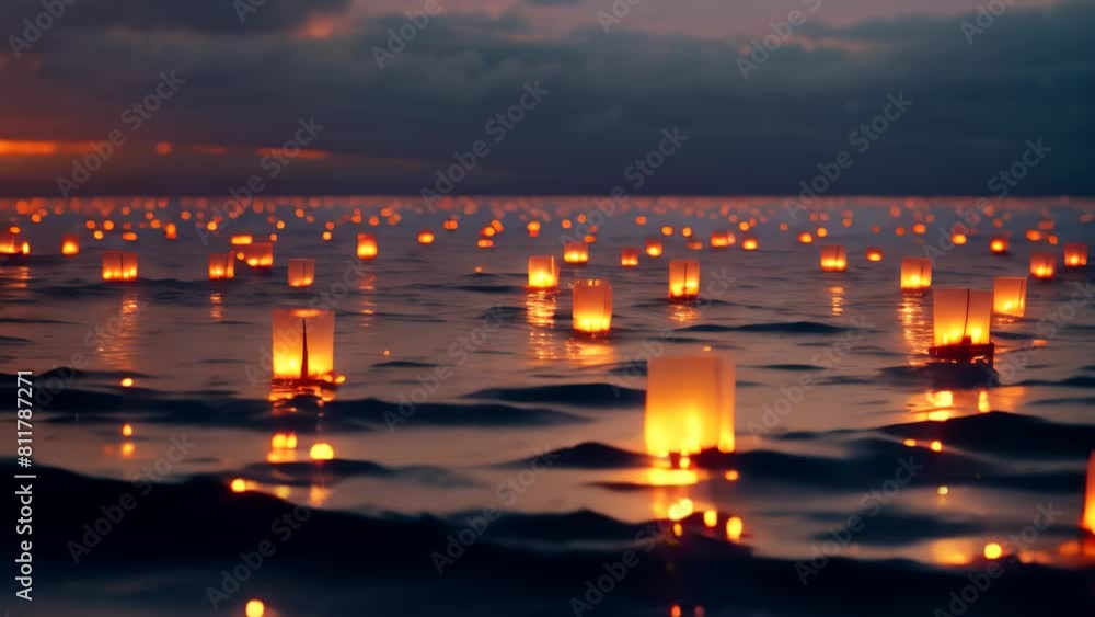 Poster a large number of lanterns are seen floating on the water, creating a stunning visual display, a vas