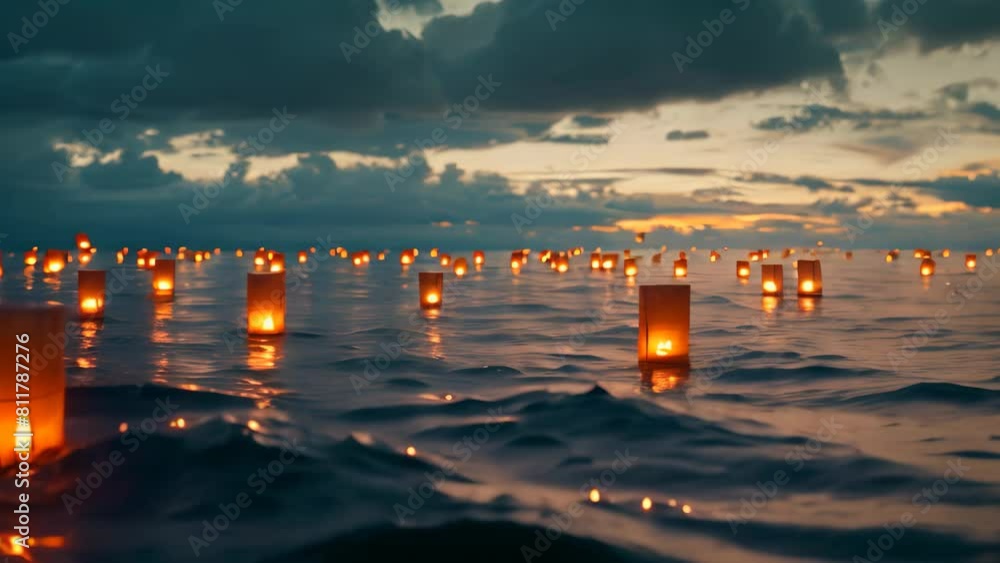 Poster floating lanterns illuminate the water, a vast ocean with floating lanterns in memory of fallen sold