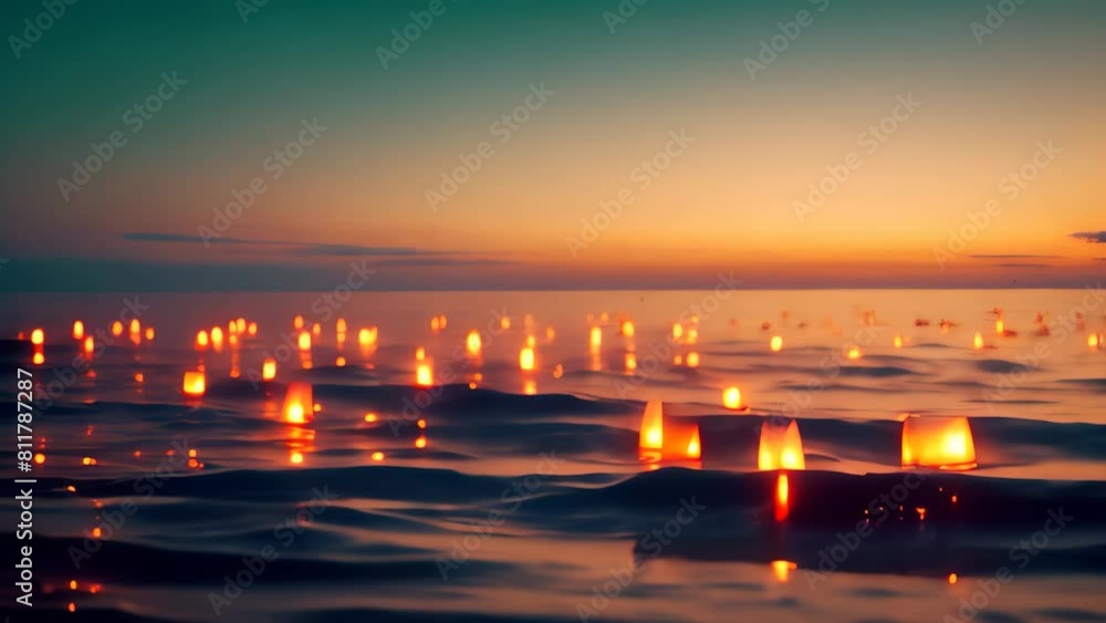 Poster a number of lanterns float on the water, creating a sparkling and captivating scene, a vast ocean wi