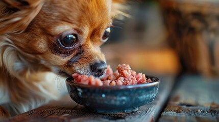 A close view of a chihuahua approaching a small bowl filled with finely chopped raw beef, with no other objects in the scene