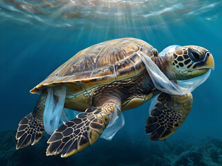 Suffocating Struggles. A Sea Turtle's Fight Against Plastic Pollution.