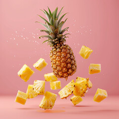 Flying in air fresh ripe whole and cut Pineapple. Levitating pineapple. water splashing onto pineapple. separated. pastel color background.