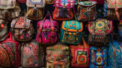 Handmade Souvenir Bags Asian style are hung and display for sales in the shop. Asian Inspired Souvenir Bags Showcase