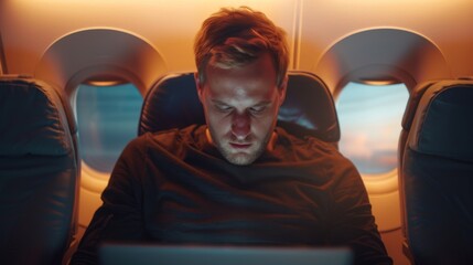 Fototapeta na wymiar Man Working on Laptop in Airplane