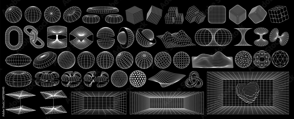 Wall mural retro futuristic design elements. 3d wireframe shapes, high and low poly meshes. vector blanks for a