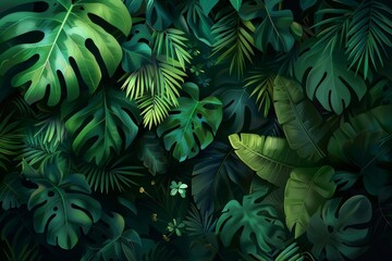 Lush Tropical Green Leaves in a Dense Jungle Illustration
