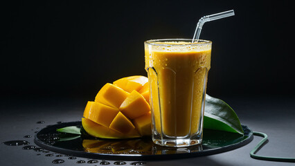 A glass of mango smoothie placed elegantly of a surface - obrazy, fototapety, plakaty
