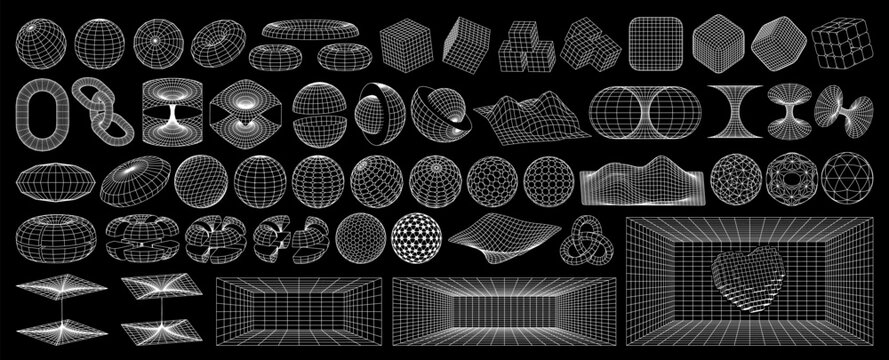 Retro futuristic design elements. 3D wireframe shapes, high and low poly meshes. Vector blanks for a poster, banner, business card, sticker