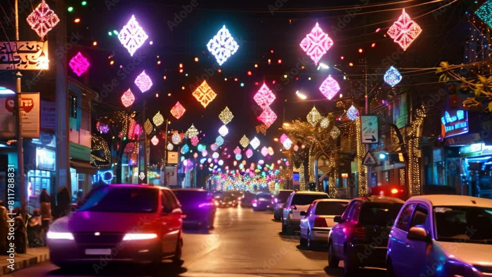 Poster a bustling street filled with an array of vibrant lights, casting a mesmerizing glow on the surround