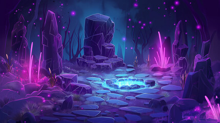 The Cartoon and realistic, stone battleground platform at night neon style look, Illustration